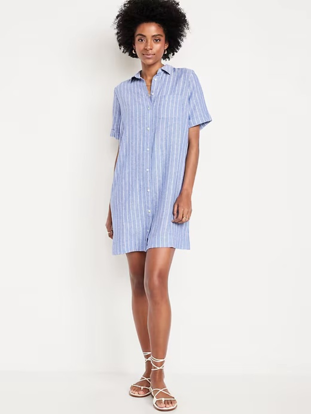 Old Navy Light Blue & White Striped Button-Front Shirt Dress